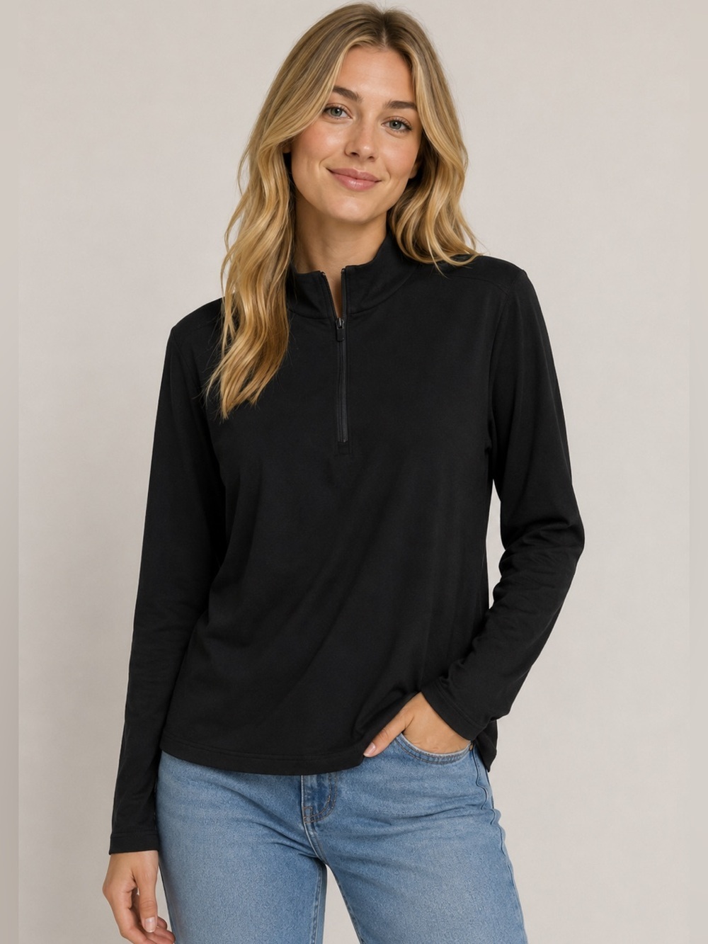 Kyodan Athletic Long Sleeve Knit 3/4 Zip Shirt Black Right Side Pocket Size P/S